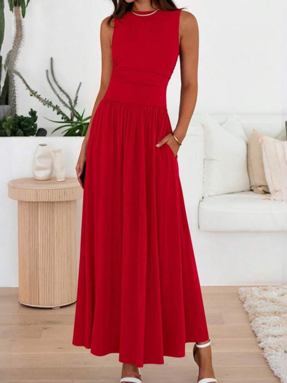 Elegant Red Tank Maxi Dress with Pockets